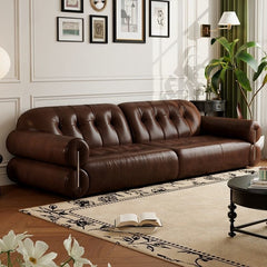 Retro style oil wax leather sofa small apartment living room family apartment medium ancient style old brown straight row French sofa